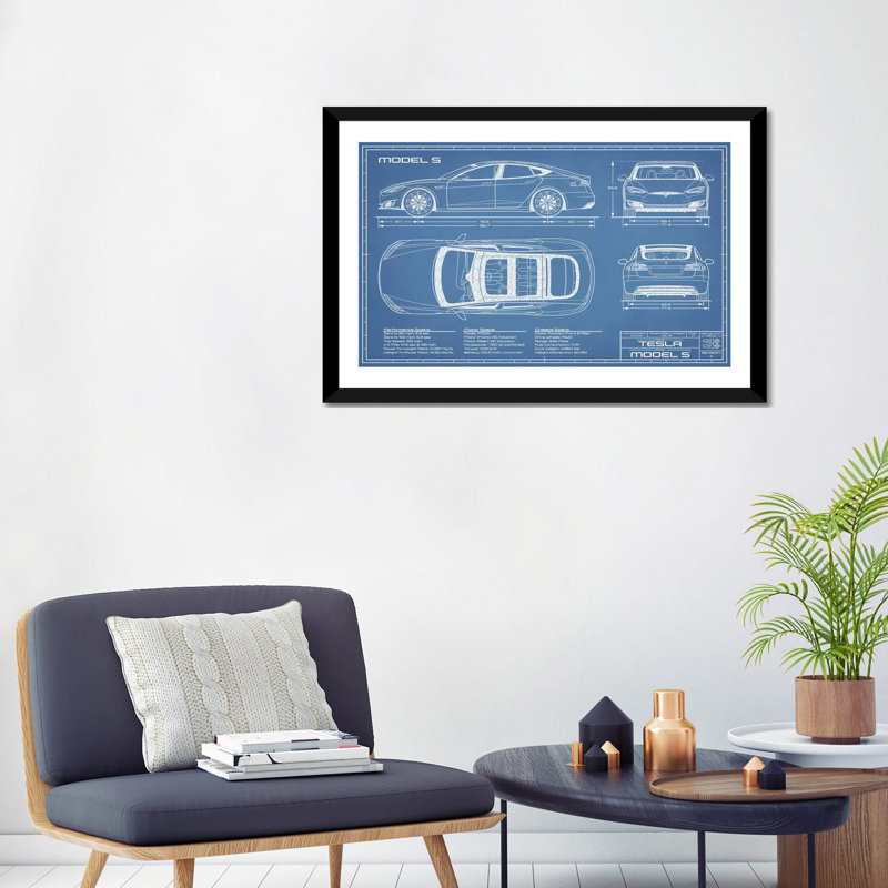 Modèle Tesla S (2016-2020) Blueprint-impression de dessin, Papier encadré noir, Blanc, H 24 po x l 32 po x P 1 po