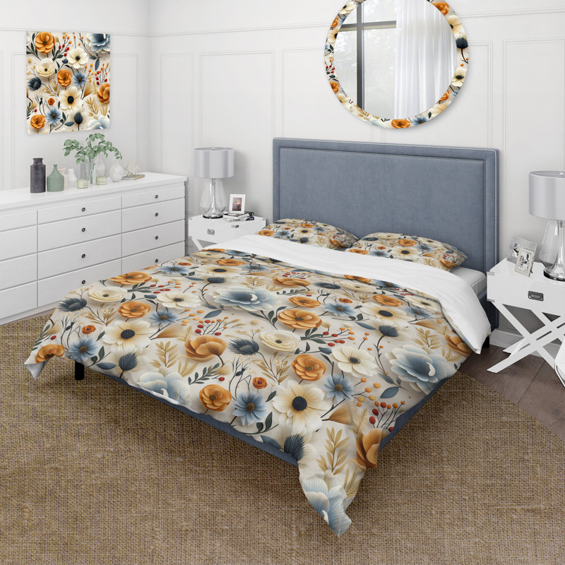 Ensemble de housse de couette dorée et blanche Vintage Poppy Dreams, Housse de couette simple + 1 taie décorative stan