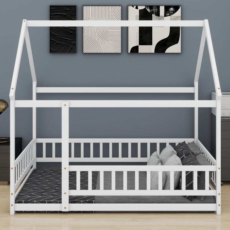 House-Shaped Wooden Floor Bed with Roof & Safety Guardrails, White