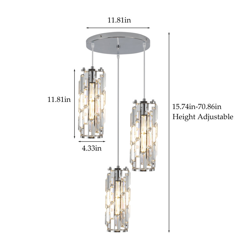 Grasmere 3 - Light Cluster Cylinder Dimmable Pendant with Crystal Accents, Chrome