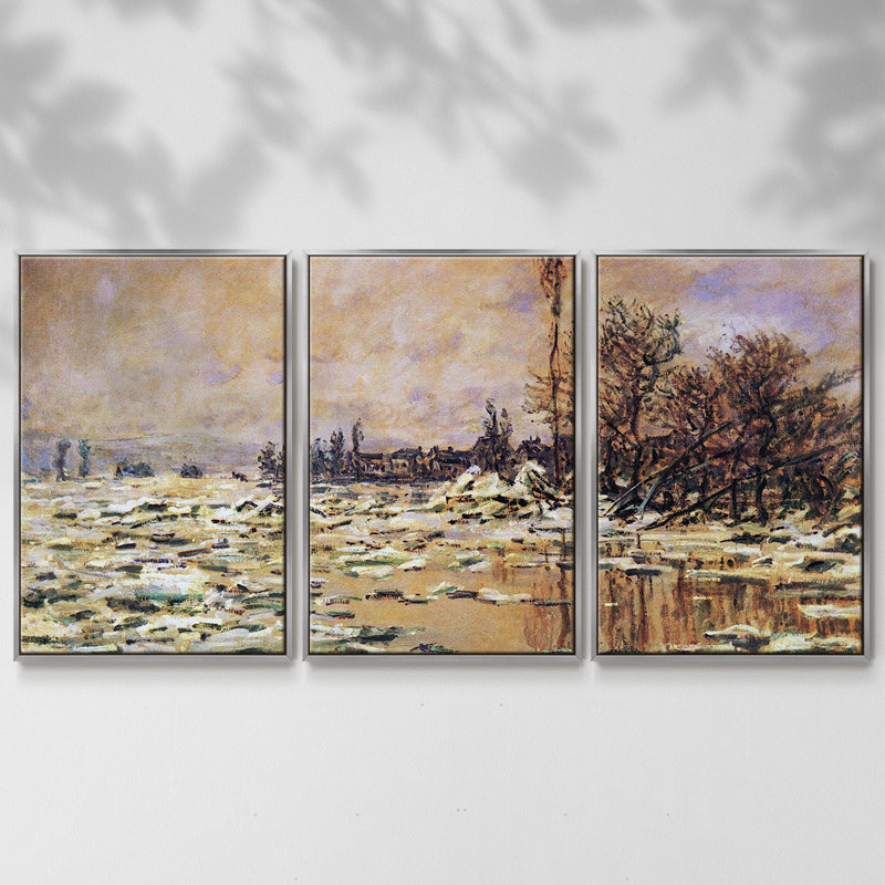 3 pièces Monet, H 24 po x l 48 po x P 2 po, Encadrement argenté