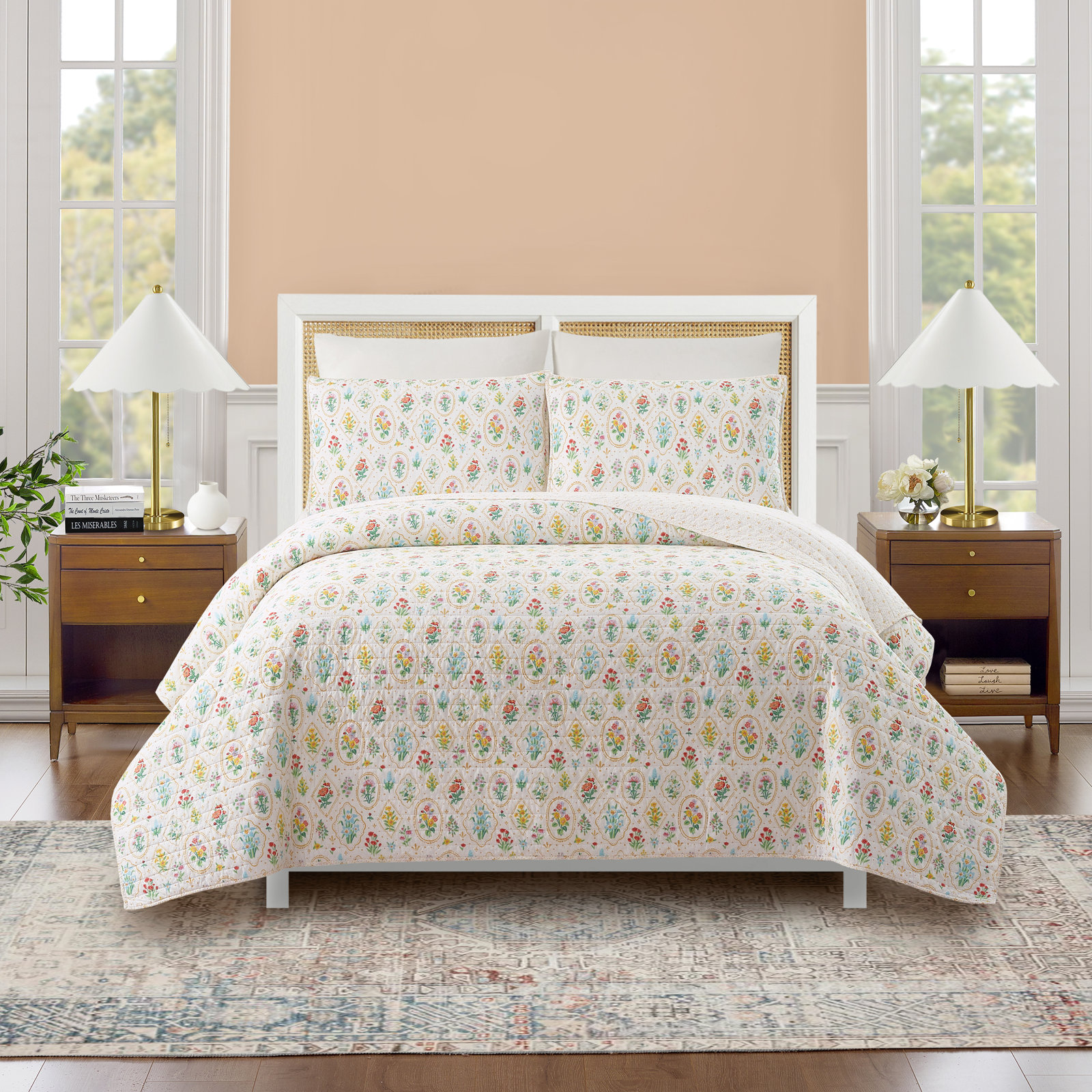 Floral Wallpaper Reversible 100% Cotton Quilt Set By Angela Staehling, Twin Quilt + 1 Standard Sham
