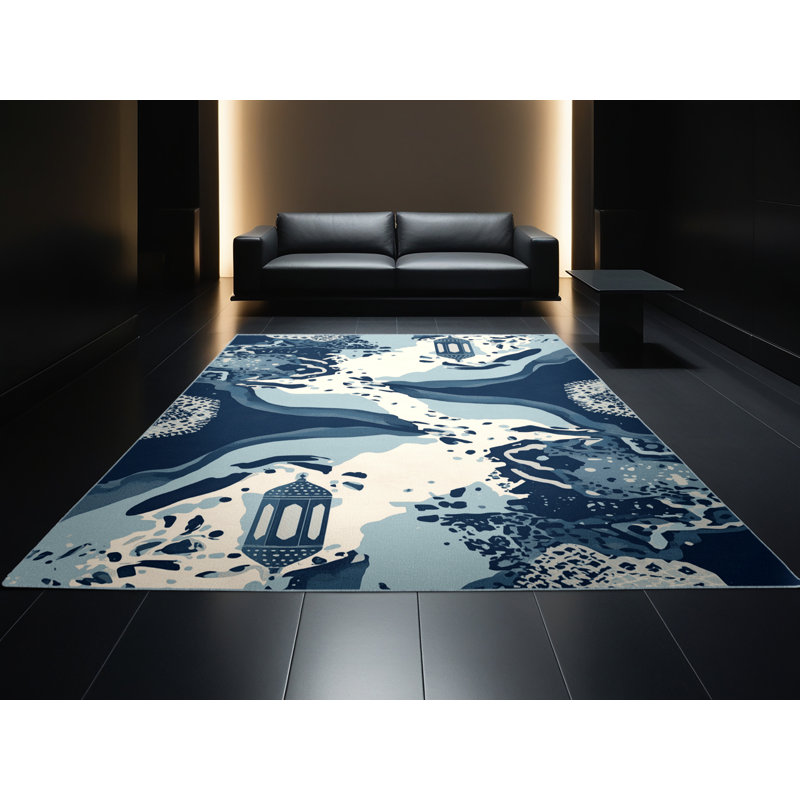 Soft Plush Eich Bold & Eclectic Modern Abstract Area Rug in Grey – SkyBlue Binding, Rond 5 pi