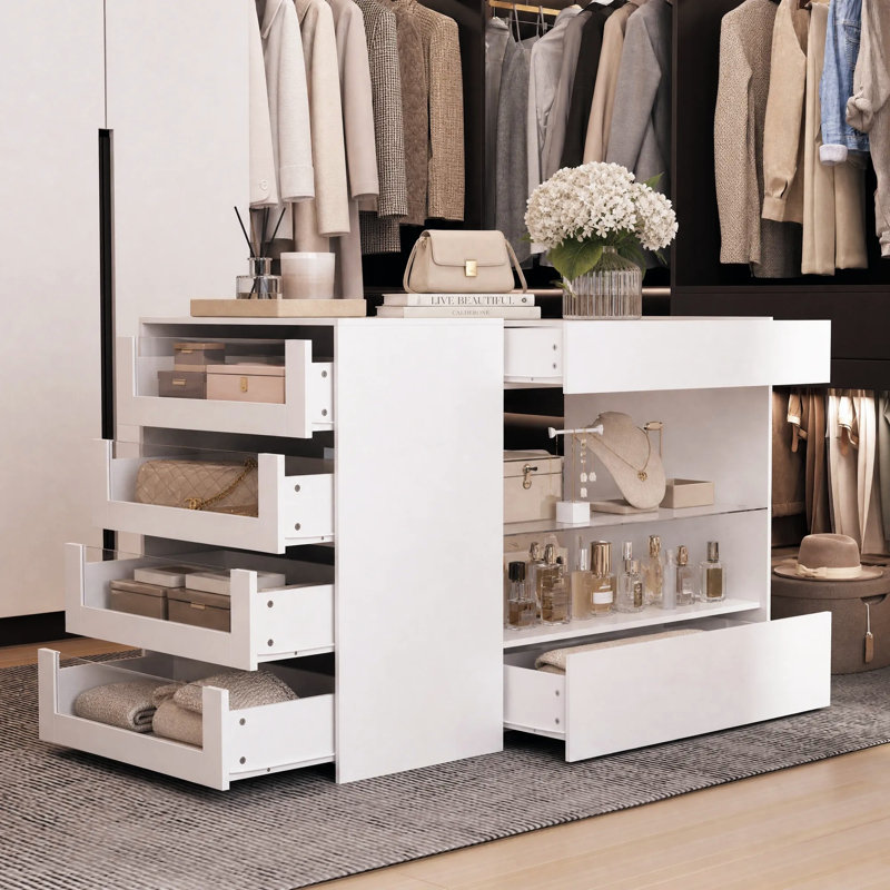 Commode à 8 tiroirs l 47,2 po avec plateau en verre trempé, tiroirs à accessoires en verre et tablettes ouvertes
