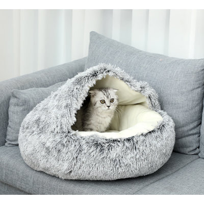 Winter Warm Cat Bed Cave Round Plush Fluffy Hooded Cat Bed S