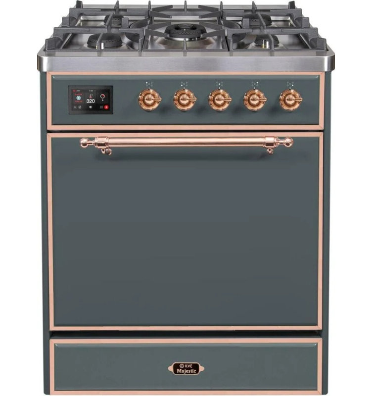 ILVE Majestic II 30 inch Dual Fuel Range, 5 Brass Burners, 4 cu. ft. Oven Capacity (Solid Door), Natural Gas