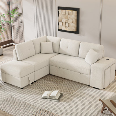 87.7" Convertible Sleeper, Sectional Sofa Bed with Storage Ottoman, 2 Pillows, 2 Stools