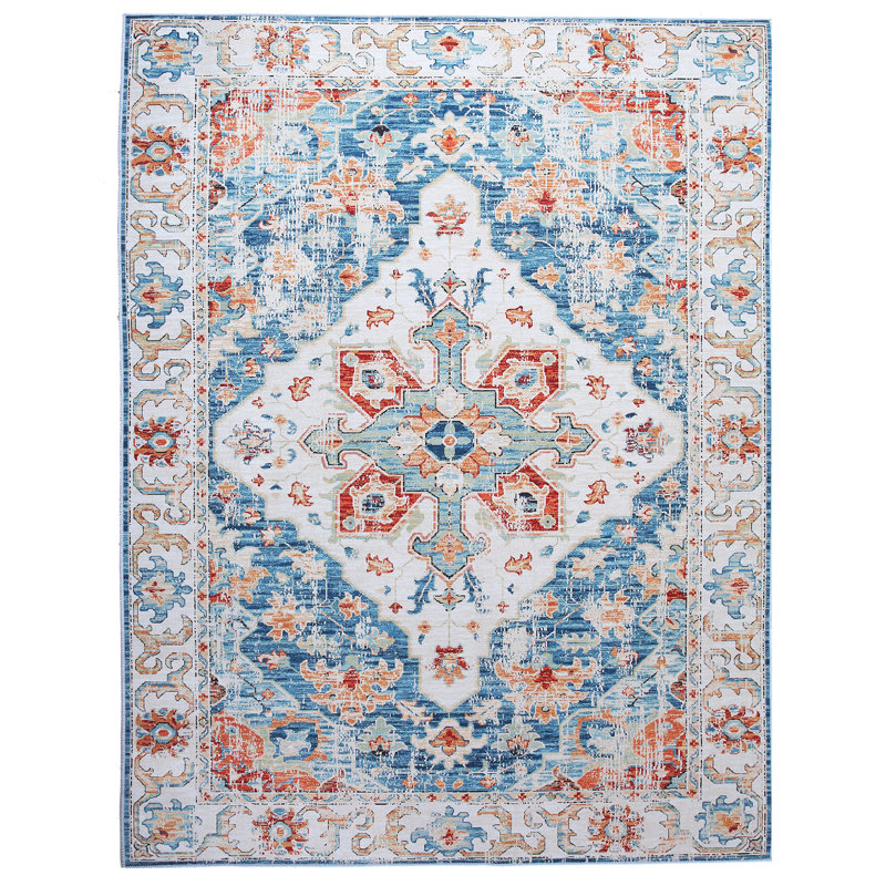 Modern Distressed Heriz Machine Washable Area Rug with Built-in Padding and Non-Slip Backing, Rectangle 4' x 6'