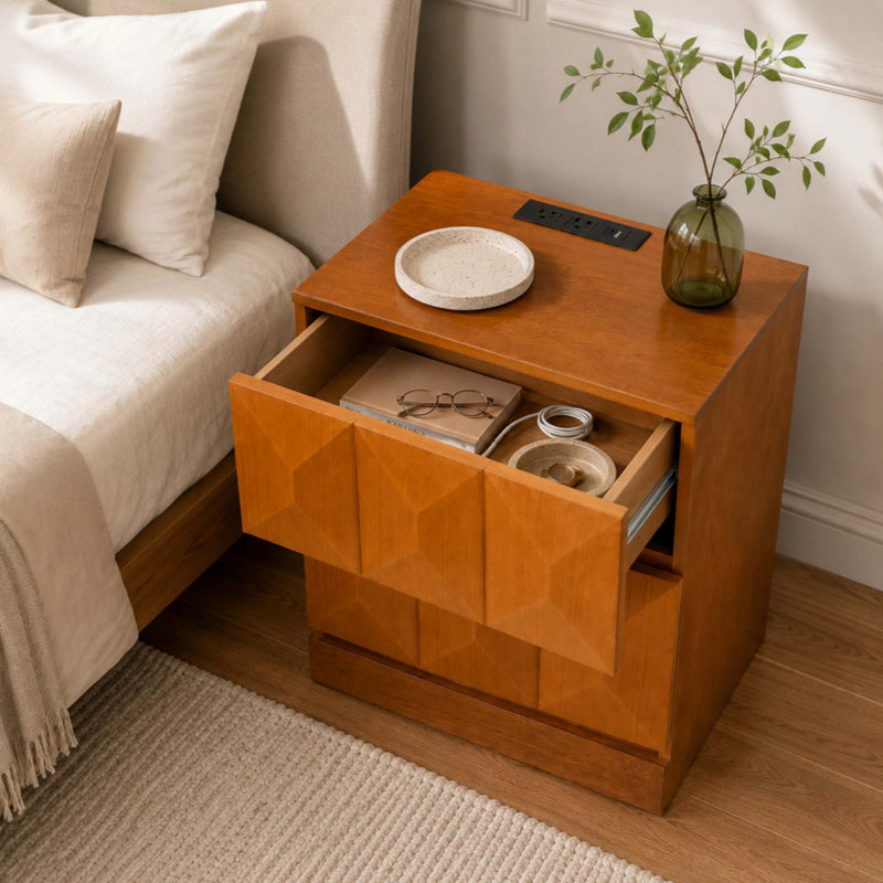 Table de chevet moderne haute avec station de recharge, tiroirs de rangement en bois, grande table d'appoint en bois naturel pour chambre ou salon.