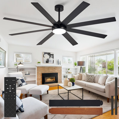 Ventilateur de plafond de 66 po avec éclairage, noir, intérieur/extérieur, télécommande, 8 pales, variateur, minuterie, réversible, moteur CC silencieux, 6 vitesses