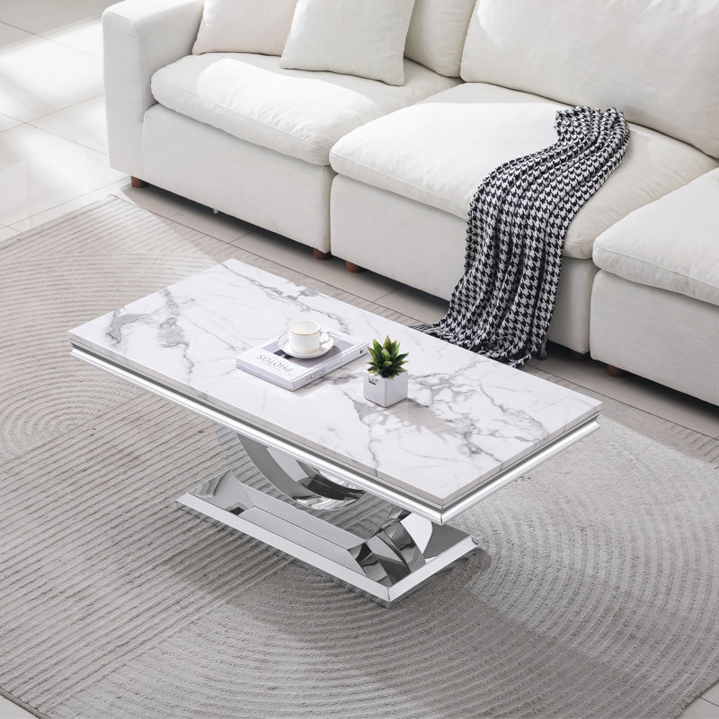 Luxury Faux Marble Coffee Table, 46.85" White Sofa Coffee Table with 0.71" Thick Marble Tabletop and Mirrored Stainless Steel Base, Modern Cocktail Table Center Table for Living Room Office