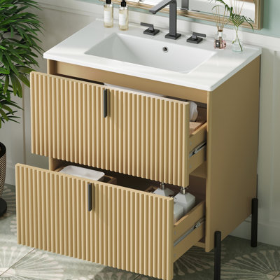 Meuble-lavabo autoportant de 30 po avec lavabo en céramique, tiroirs à extension et mécanisme de fermeture en douceur pour les salles de bain contemporaines de luxe, espaces cannelés fabriqués à la main