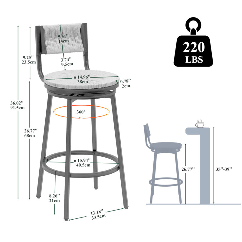 Tabourets de bar chaises de comptoir pivotantes avec cadre en métal, ensemble de 2 tabourets de bar en corde de papier tissés à la main pour comptoir de cuisine