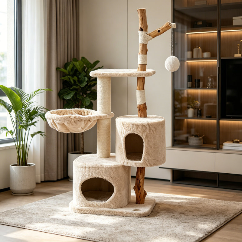 Structure d'escalade moderne et simple pour chat blanc cassé