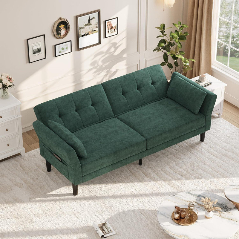 9" Chenille Futon Sofa Bed, 3-Way Adjustable Backrest & Armrest, 700lb Capacity Sleeper Couch, Green