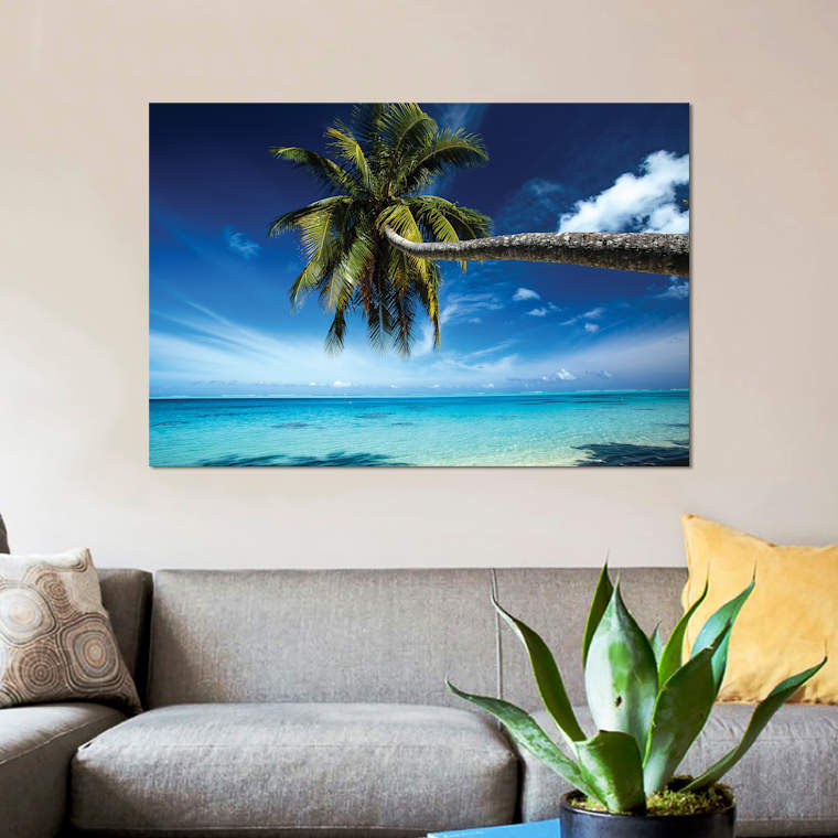 « palm tree pliage sur la plage, bora bora, les îlots de la société, polynésie française », reproduction de photo sur toile