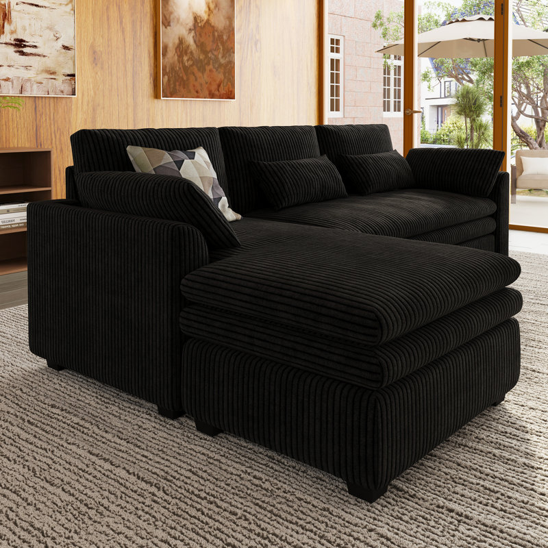 Canapé manuel en L à 3 places avec coussin de siège double amovible Manuel Corduroy, Velours côtelé noir