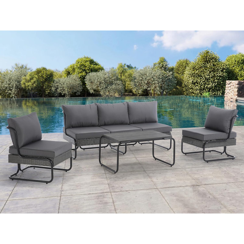 Ensemble de mobilier de bistro toutes saisons, canapé modulaire d'extérieur en métal avec table basse et coussins, Gris
