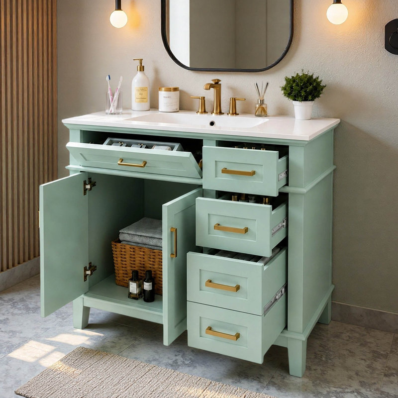 Meuble-lavabo simple 36 po avec plateau en céramique, Vert