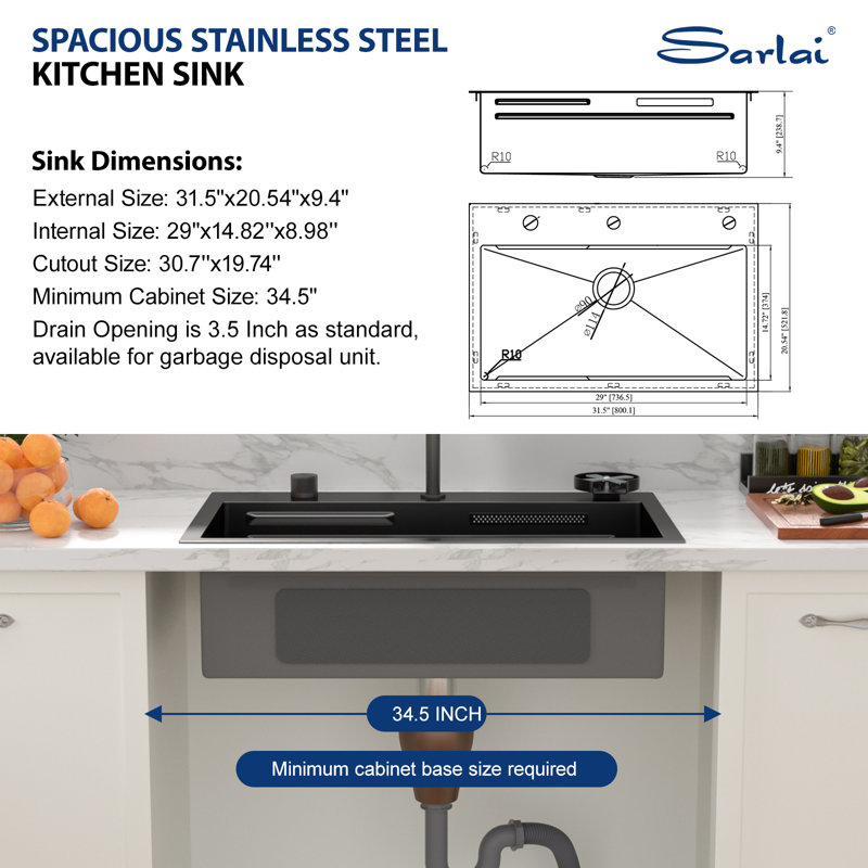 31 in. Waterfall Drop-In Kitchen Sink SUS304 Stainless Steel Single Bowl Kitchen Sink with Dual Ledge Workstations and Faucet Combo