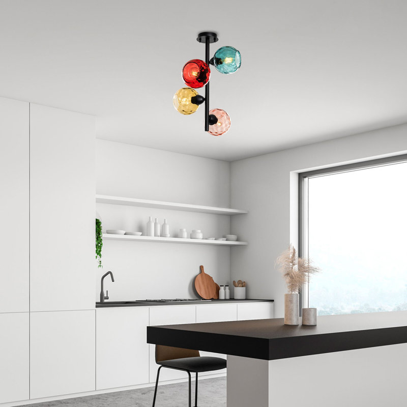 Elegant Metal Chandelier with Glass Cap, 15 x 15 x 21.7 inches | 4 x E27 Socket, Max 40W (Bulb Not Included) | Multicolor & Black, IP20 Rated | Stylish Lighting Fixture for Living Room & Dining Room Decor
