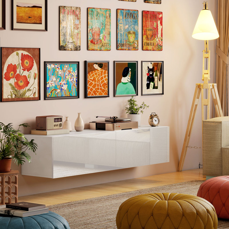 Meuble télé flottant avec rangement pour téléviseurs de 45, 55 et 65 po, Blanc