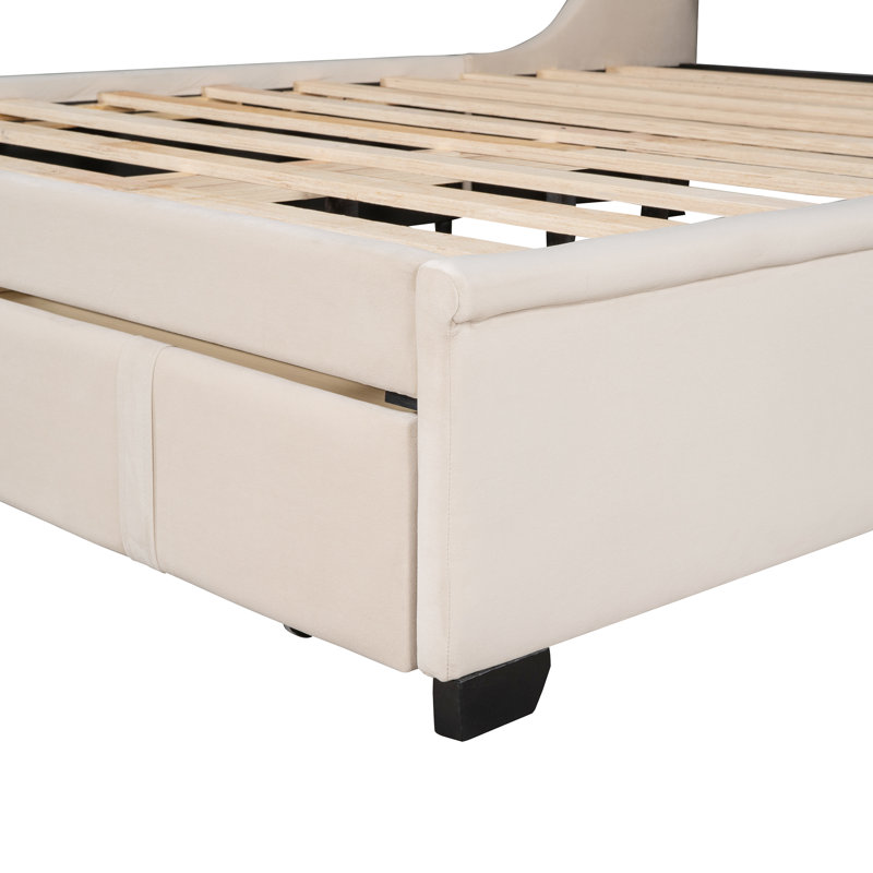 Size Storage Bed Velvet Upholstered Platform Bed With Wingback Headboard And A Big Drawer, Beige