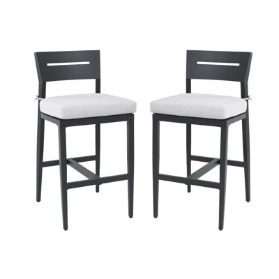 Modern Outdoor 2PC Bar Stools, Aluminum Patio Bar Chair with Ergonomic Backrest, Tapered Legs, Footrest, Ember , Sunbrella Cushion, Weather-Resistant