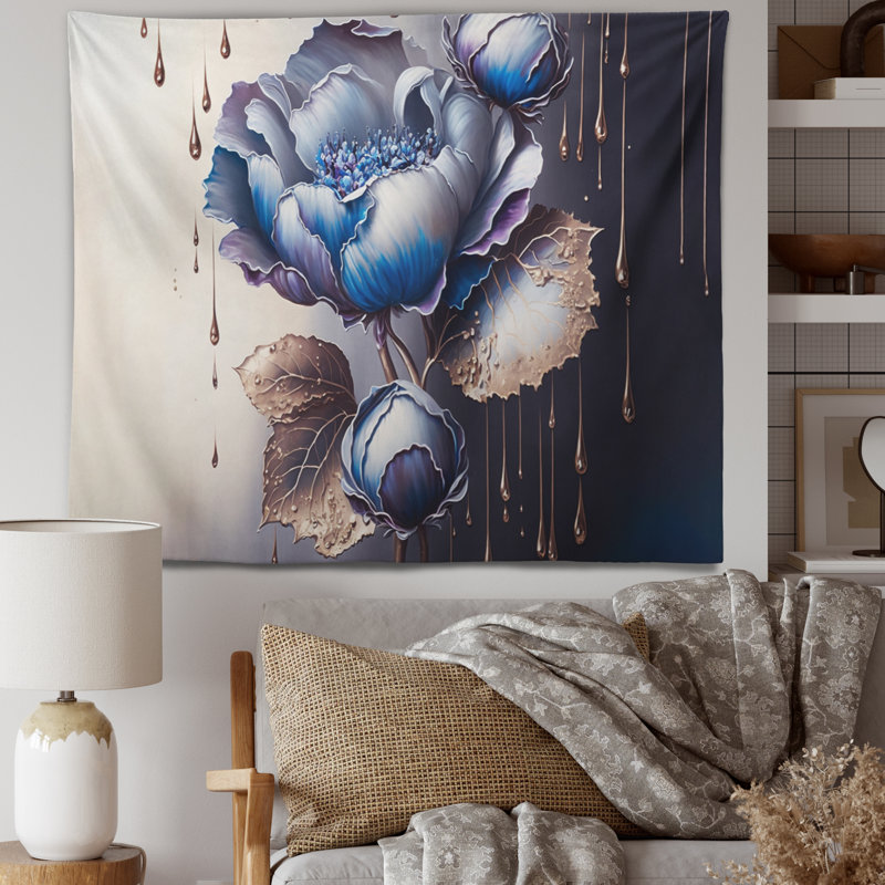 Polyester bleu glacier et mauve violette I tapisserie avec punaises, H 32 po x l 39 po