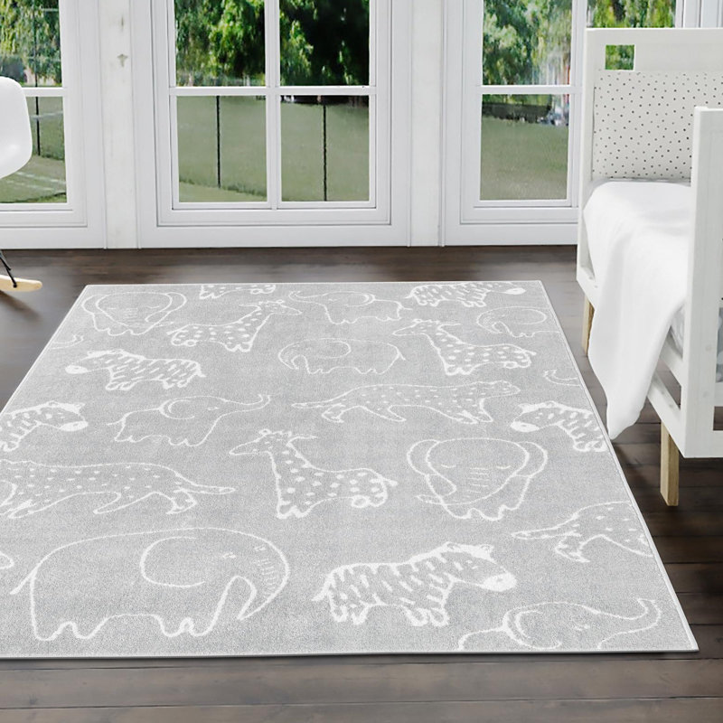 Whimsy Safari Animals Kid Rug, Gray/Ivory, Rectangle 10' x 13' 1"