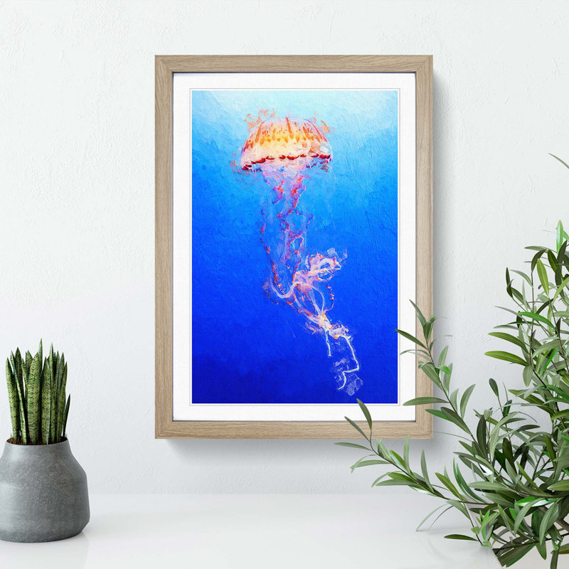 Orange Jellyfish in Abstract - Picture Frame Painting Print, Oak Framed, 65cm H x 48cm W x 2cm D