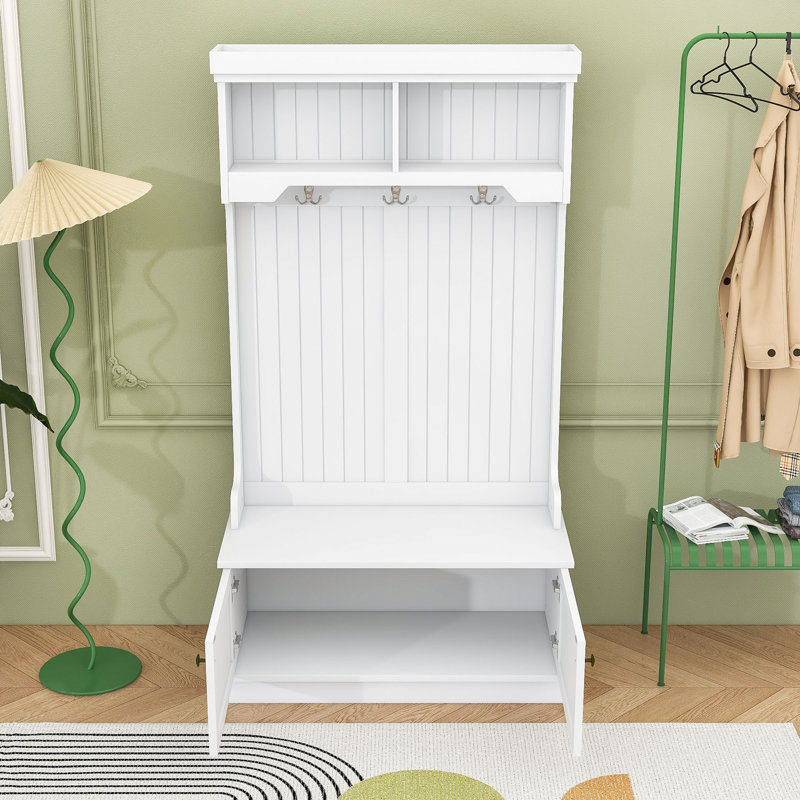 Modern Hall Tree with Seating Bench, Ample Storage, White