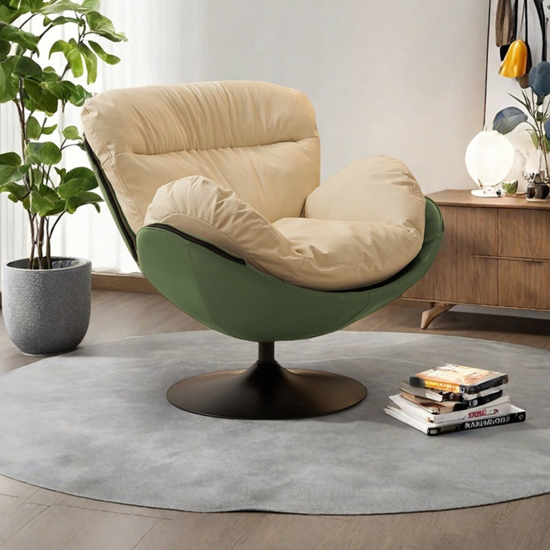 Chaise de loisir luxueuse pivotante et confortable, Jouet en coton / plumes de duvet, Vert / similicuir beige
