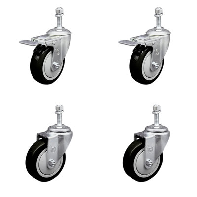 4 Inch SS Poly 10mm Threaded Stem Caster Set 2 Total Lock Brake SCC