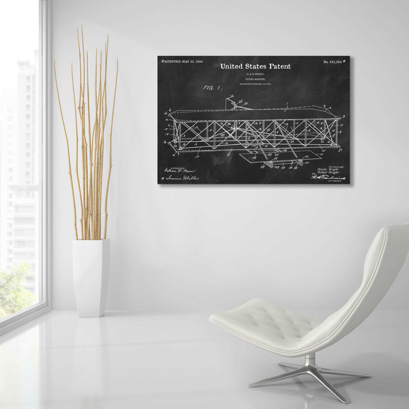 «Wright Bros. Flying Machine Blueprint Vernis,» par Art mural en verre acrylique, H 24 po x l 36 po x P 0,2 po