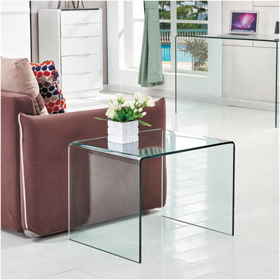 Transparent End Table,Tempered Clear Bent Glass Sidetable