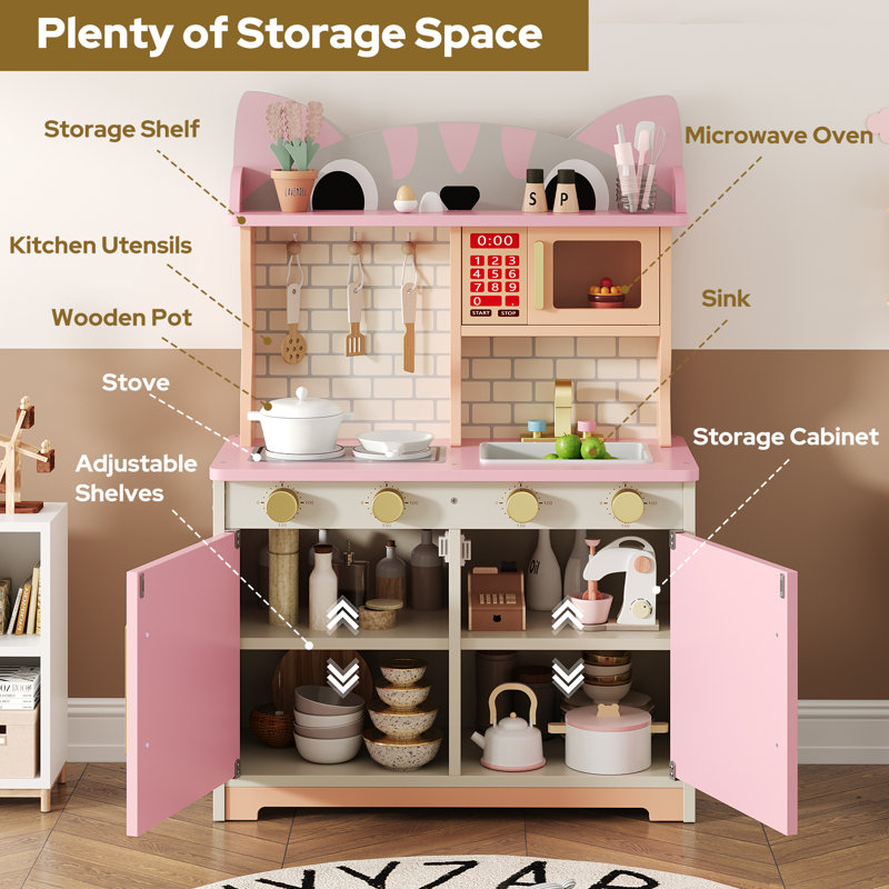 Wooden Play Kitchen For Ages 3-8 Babies, Cat Design Kitchen Playset With Microwave, Stove, Sink, Clicking Knobs, Kids Children Pretend Toy For Boys And Girls, Pink