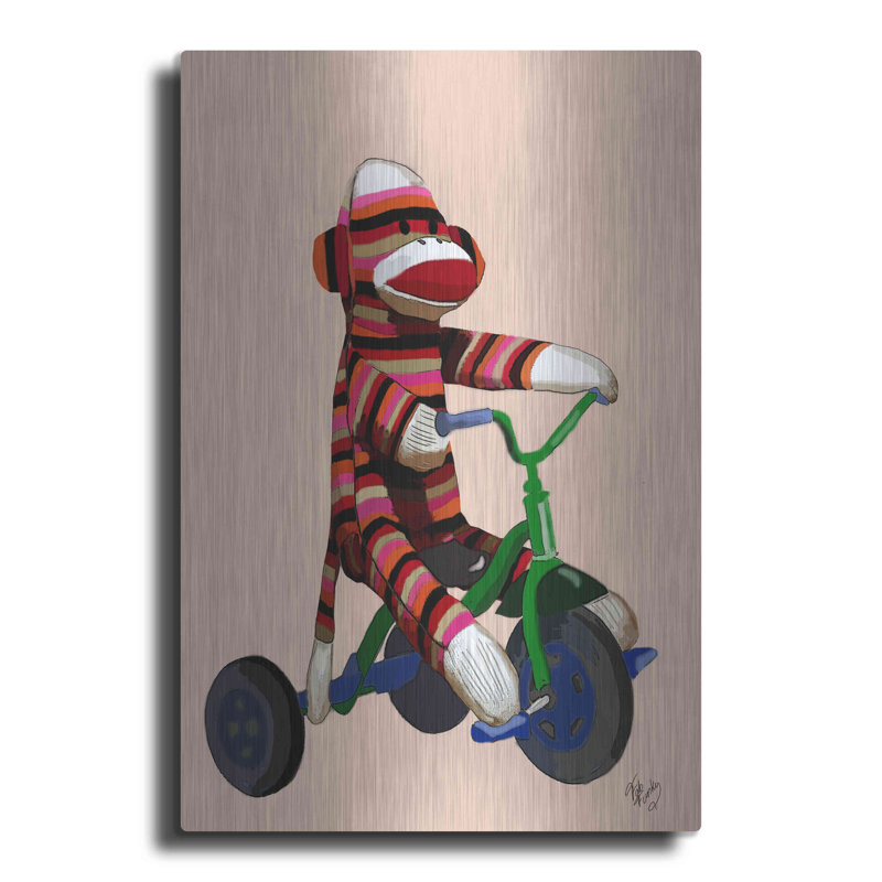 «Sock Monkey Tricycle» par Fab Funky, art mural en métal, H 36 po x l 24 po