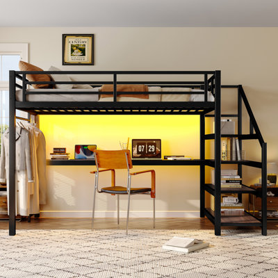 Lit mezzanine simple noir TG avec bureau intégré, rangement, éclairage à DEL, charge, filets de fer, structure stable, bruit, escalier de rangement, abris et