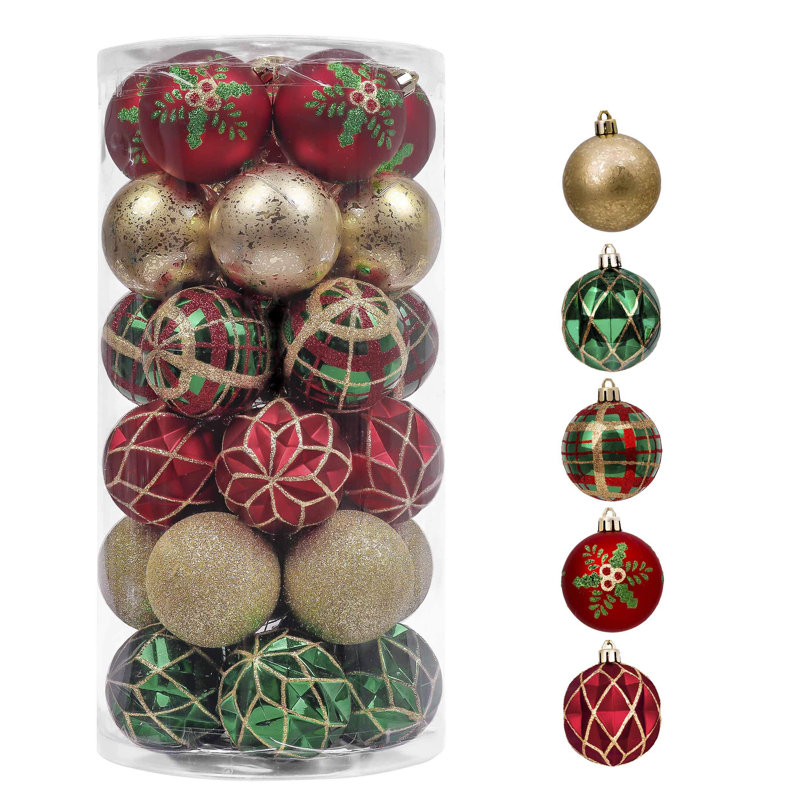 Traditional Red Green and Gold Shatterproof Christmas Ornaments Set