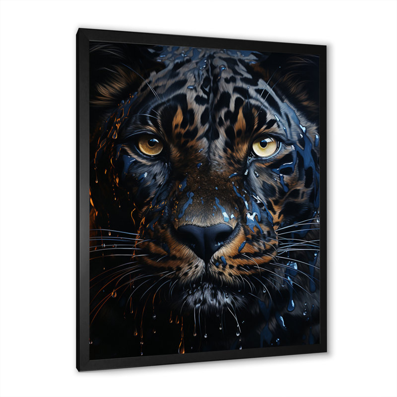 «Teal Yellow Midnight Panther Inky I», reproduction d'art sur toile, Cadre photo noir, H 40 po x l 30 po x P 1,5 po