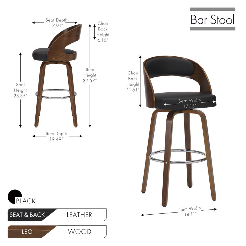 Tabouret pivotant Lombard, Noir, noir, noir, noir, Tabouret de bar (siège d'une hauteur de 28,35 po)