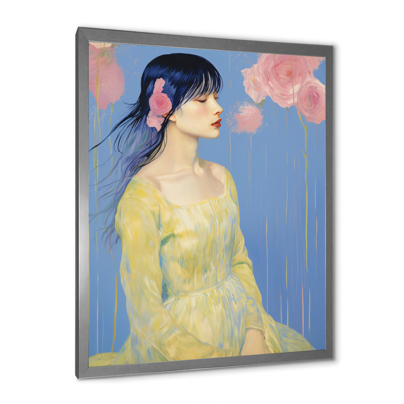 «Elegant Pasian Lady Blossoming Pink Roses», reproduction sur toile, H 20 po x l 12 po x P 1 po, Cadre simple argenté