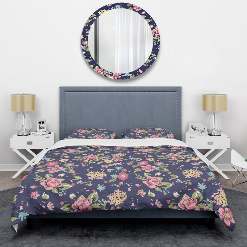 Navy Summer Floral Polyester Floral Duvet Cover