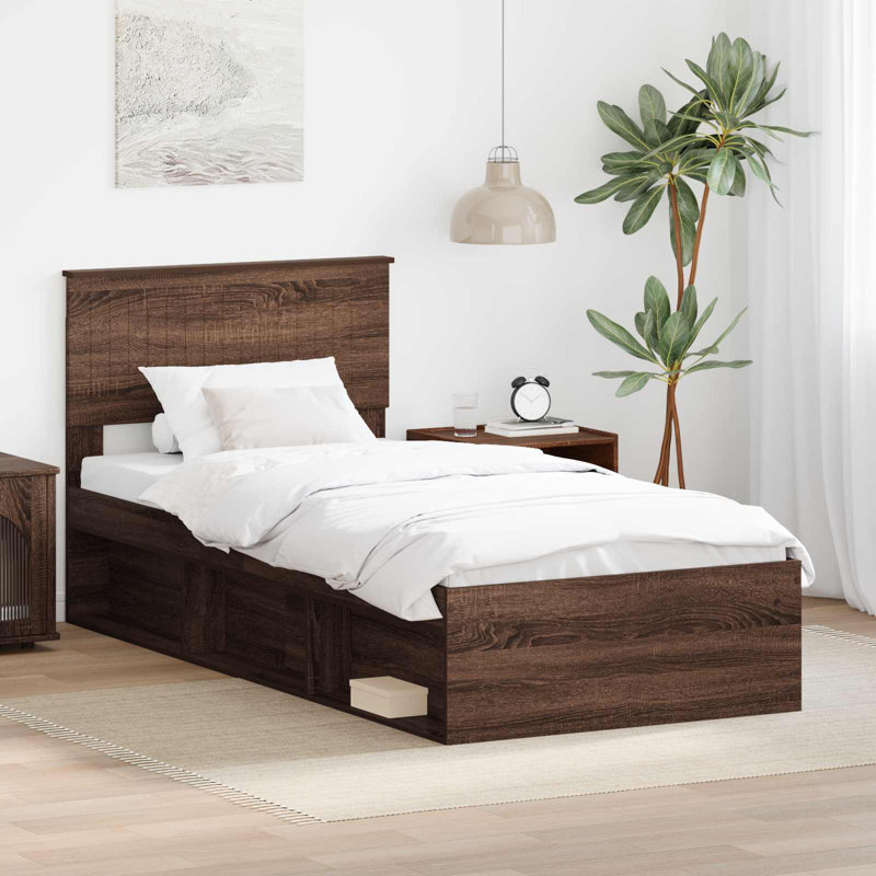 Solid Wood Bed, European Single (90 x 200 cm), Brown Oak