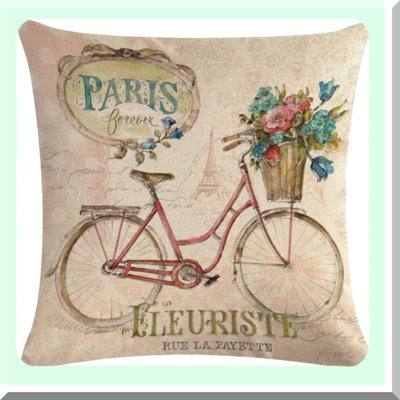 Vintage Tower Flower Bicycle Cushion Cover - Cotton Linen Decorative Throw Pillow for Couch Sofa Bed Chair - Paris Theme Home Décor