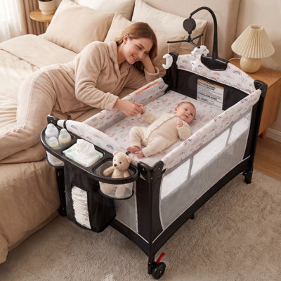 Parc pour bébé convertible 4 en 1 avec berceau, table à langer, couchette de chevet, filet respirant, roulettes verrouillables