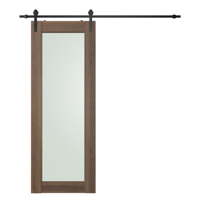 Porte de grange préfinie à panneaux en bois manufacturé et en verre massif Avon 207 avec trousse de quincaillerie d'installation