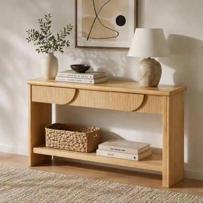 [Video]55" Fluted Console Table, Semi‑Circular Drawers with Vertical Strip Decor, Solid Wood Tabletop, Soft‑Closing, Bottom Display Shelf, Multi‑Use E