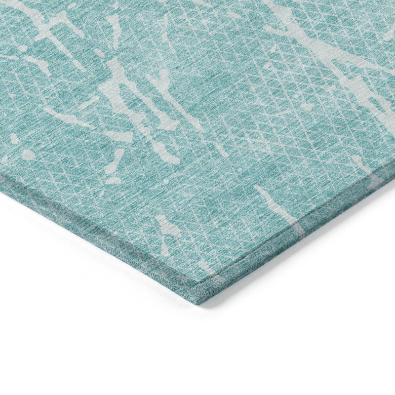 Tapis d'extérieur lavable abstrait bleu sarcelle et ivoire 10 pi x 14 pi